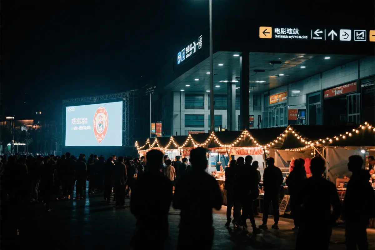 费城球迷广场夜景：大屏观赛人群、步行指示牌与公共交通入口